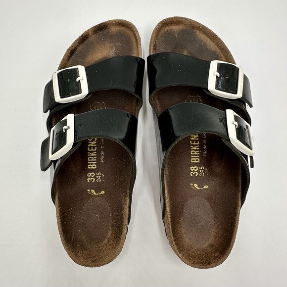Birkenstock Arizona Patent Leather Black Sandals White Buckle Womens 38 US 7.5 - Picture 16 of 16